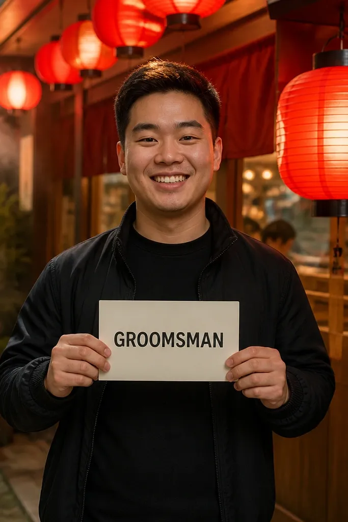 Men in coordinated dark outfits holding red lantern and role cards at a Japanese restaurant