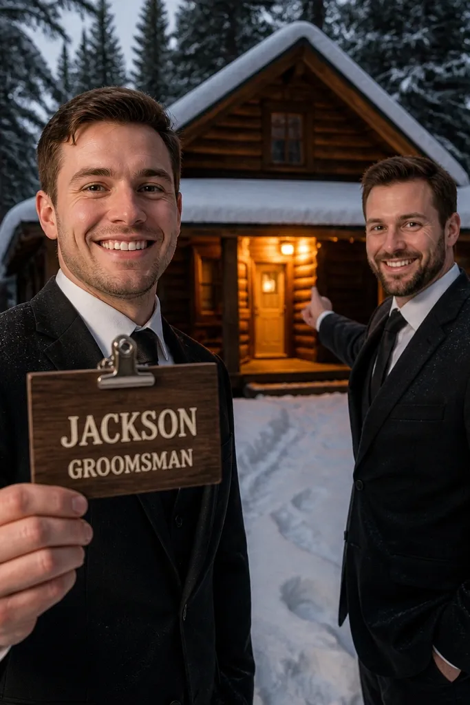 Men in winter layers standing by a cabin door holding a door sign with their role