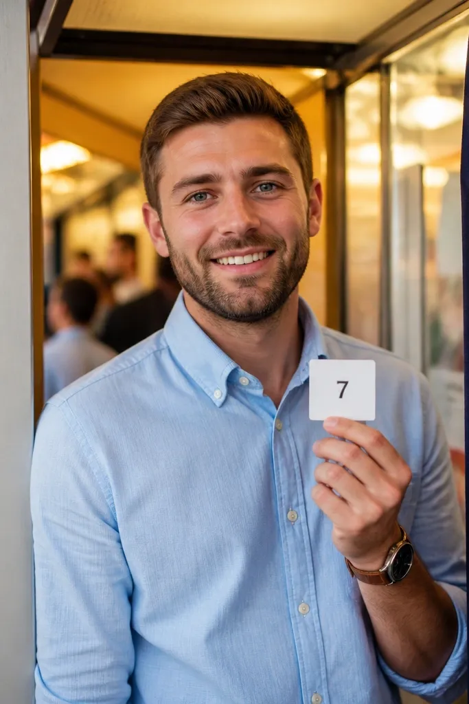 Men standing at a booth holding small slips of paper with role text