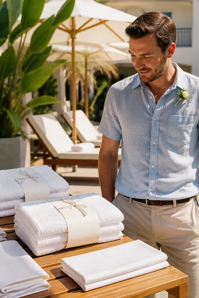 Men at a pool holding folded towels with cream labels and role cards