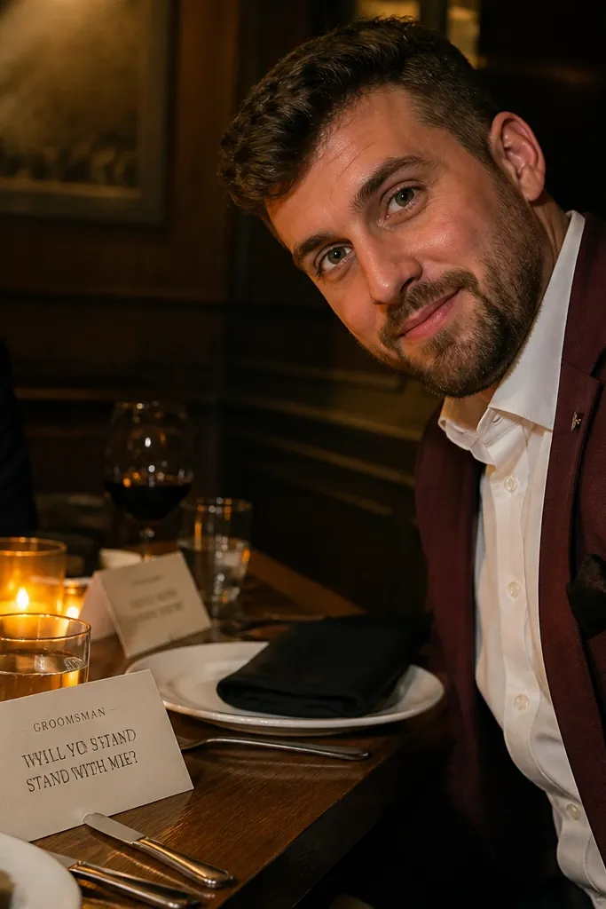 Men seated at a steakhouse table holding place cards under warm candlelight