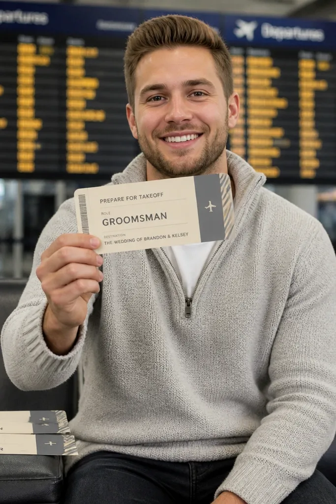 Men holding cards that look like boarding passes beside a departure board sign