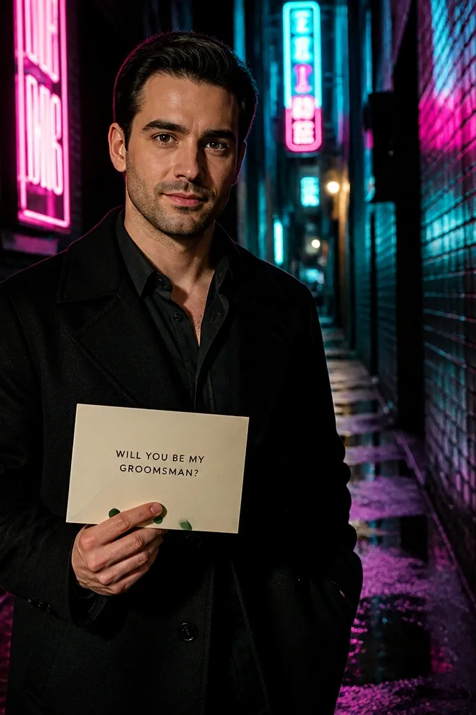 Men standing in a neon-lit alley holding cream envelopes with bold role text