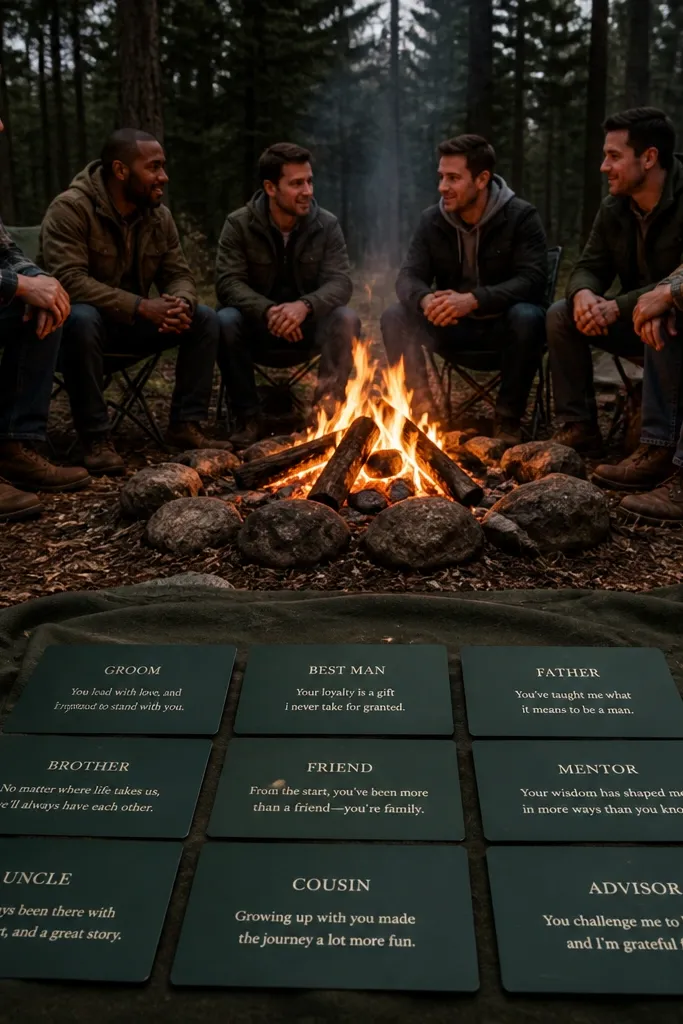 Men around a campfire holding story cards with role names and dates