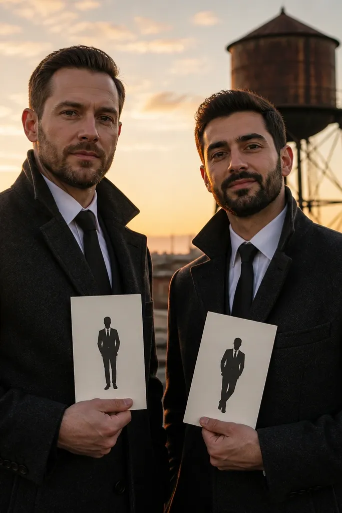 Men on a rooftop holding role cards with a water tower silhouette behind them