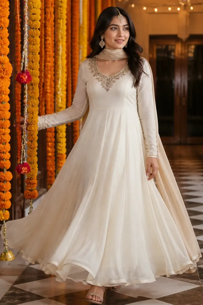 Pastel georgette anarkali with a draping dupatta and fitted bodice