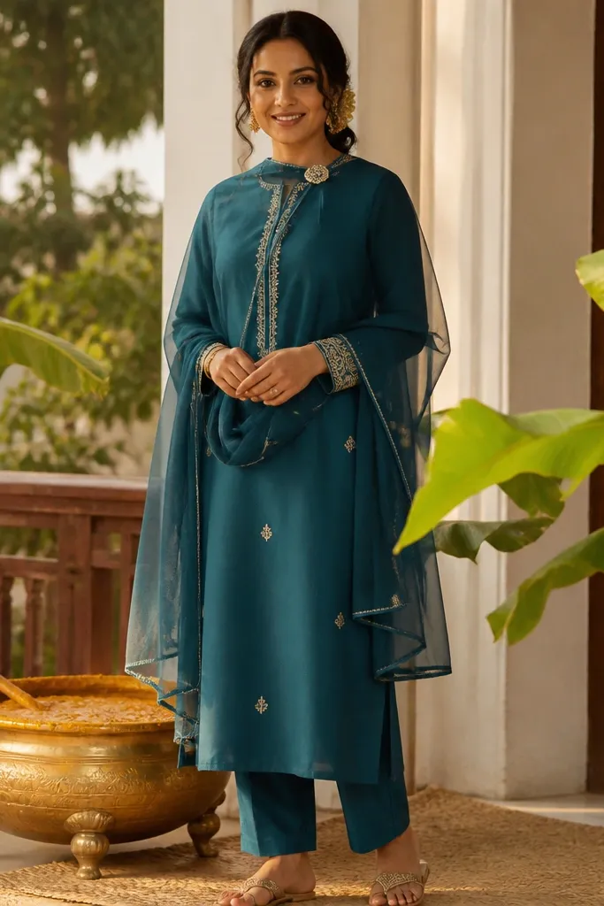 Fitted pastel kameez with straight trousers and a short draping dupatta