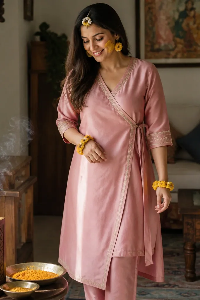 Wrap-front angrakha kameez with a draped dupatta and matching pants