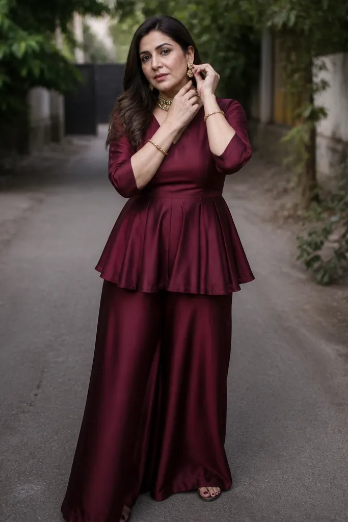Peplum kameez with a flared hem and matching flared pants