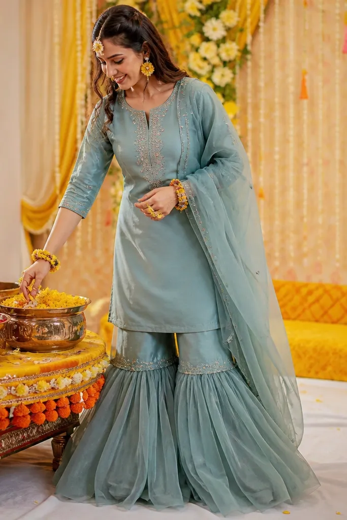 Long embroidered kurta with gharara-style flared pants and a light dupatta