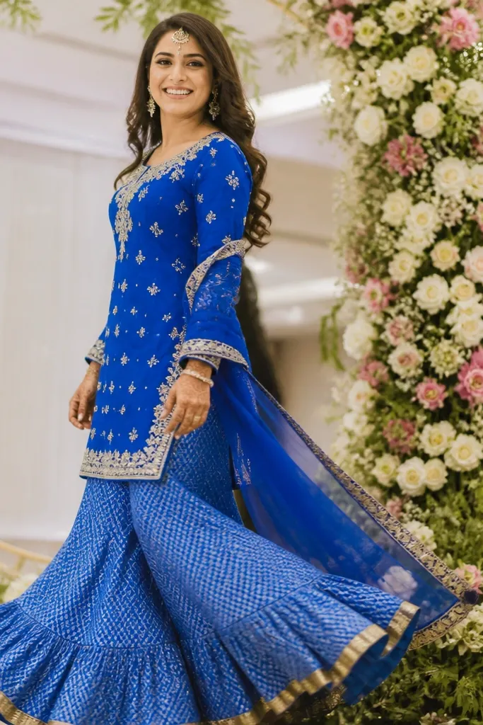 Lehenga kameez with half-pleat skirt and a draped dupatta
