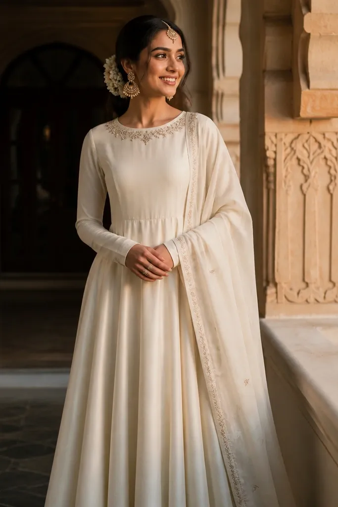 Floor-length anarkali in soft fabric with minimal neckline embroidery