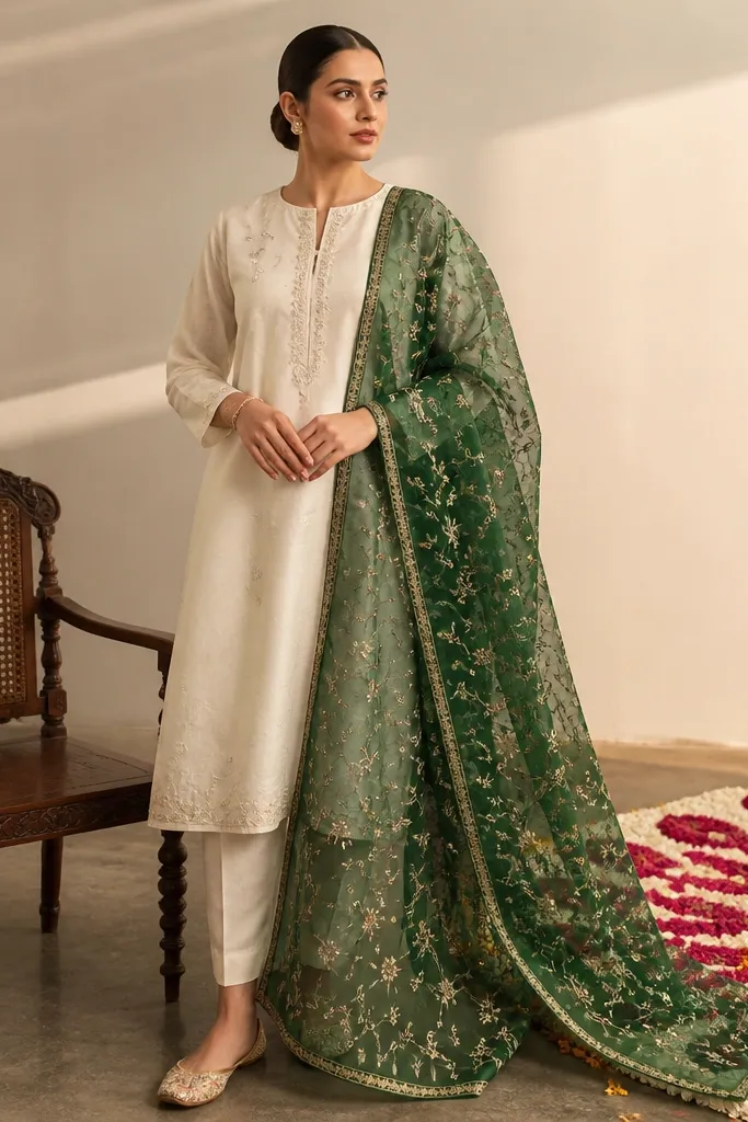 Straight kameez set with minimal work and a patterned dupatta