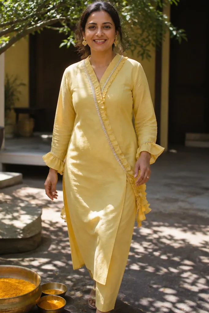 Kameez with ruffle trim at the front and simple dupatta drape