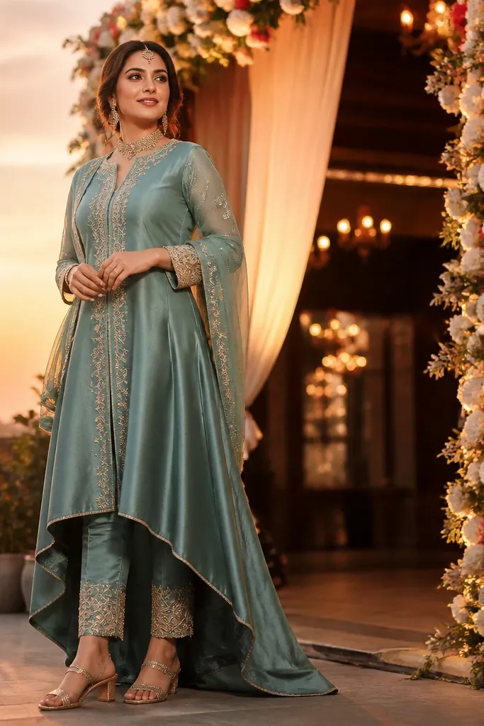 High-low kurta with soft flare and a draping dupatta