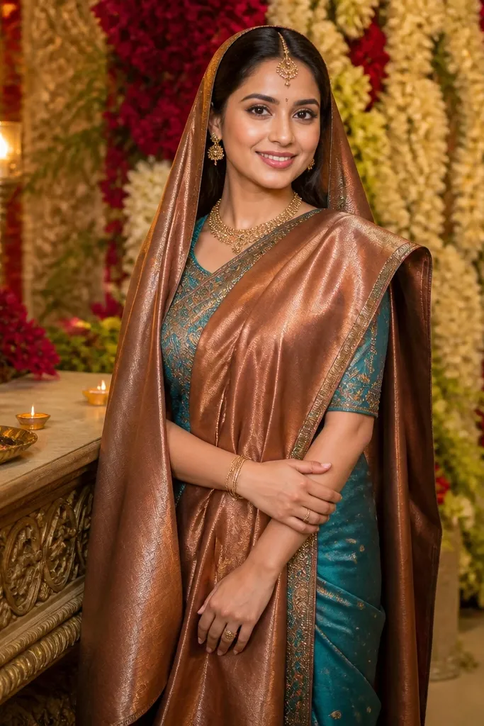 Saree-style draped suit with a draped pallu and matching blouse