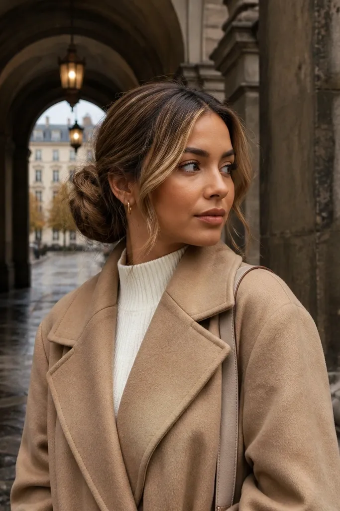 Light brown hair in a low side bun with soft loose strands framing the face