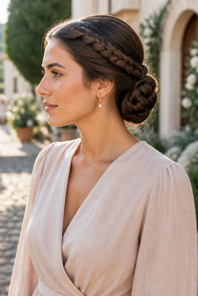 Hair in a low side bun with a thin braid wrapping around the bun base