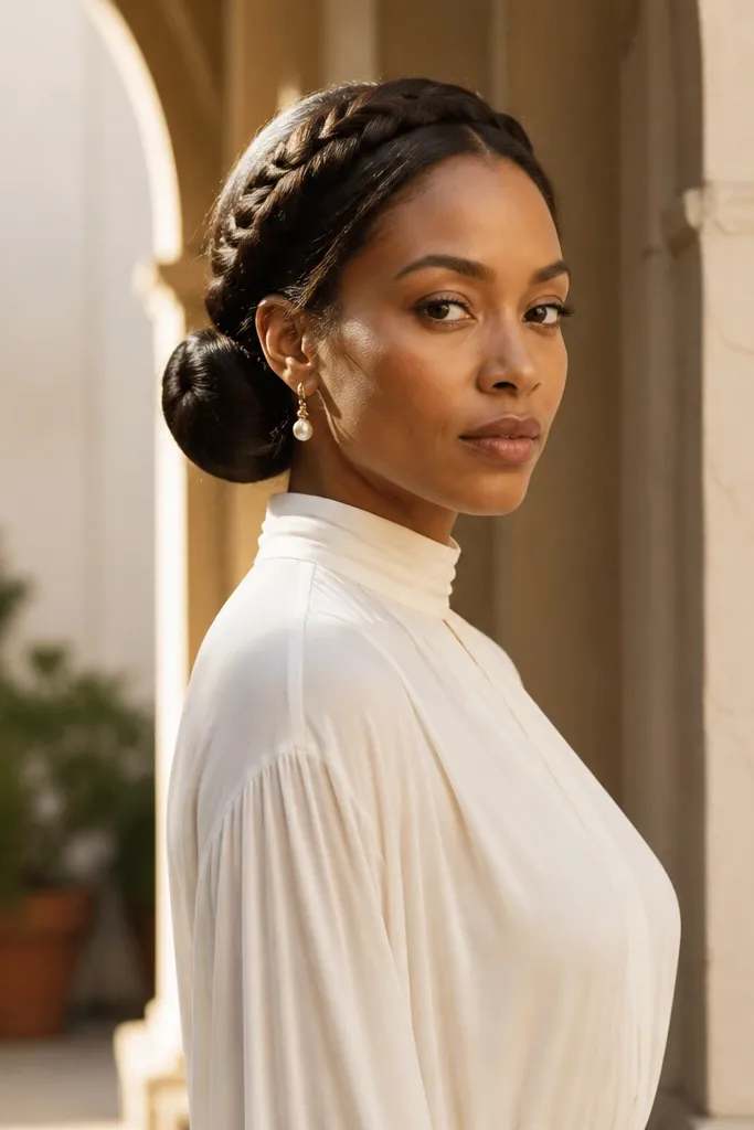 Low side bun with a twisted wrap section crossing over the base