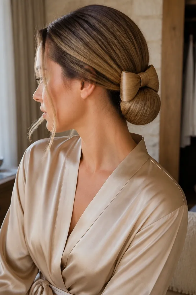 Low side bun with a bow-like wrap and smooth rounded shape