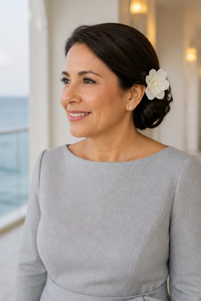 Low side bun with a single floral hair pin near the side seam