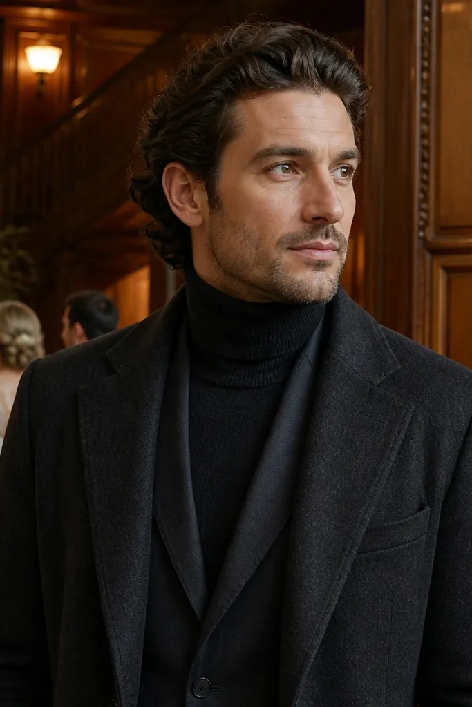 Charcoal overcoat over a black turtleneck with a slim black suit and dark leather boots