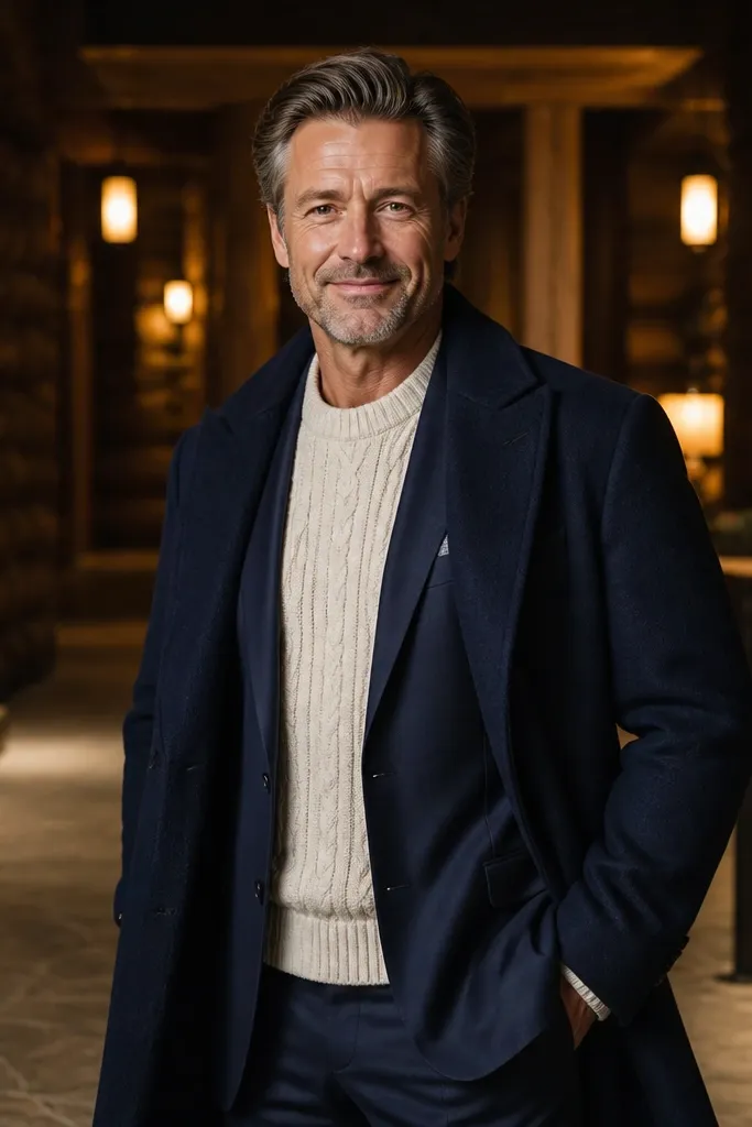 Navy overcoat over a cream cable-knit sweater with a navy blazer and dark trousers
