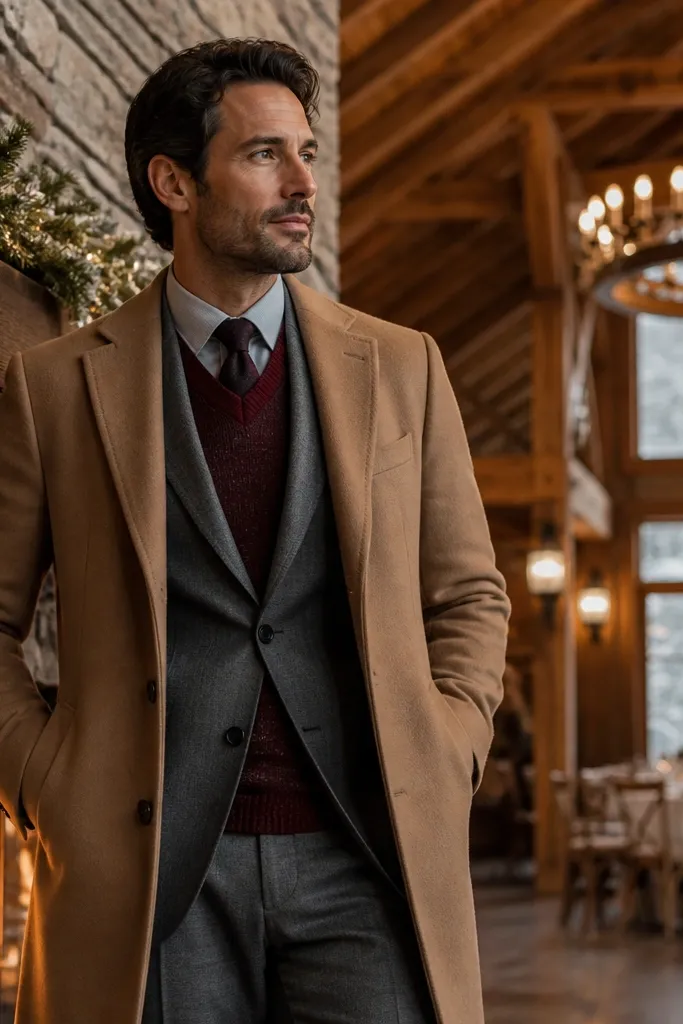 Camel topcoat over a grey flannel suit with a burgundy V-neck sweater