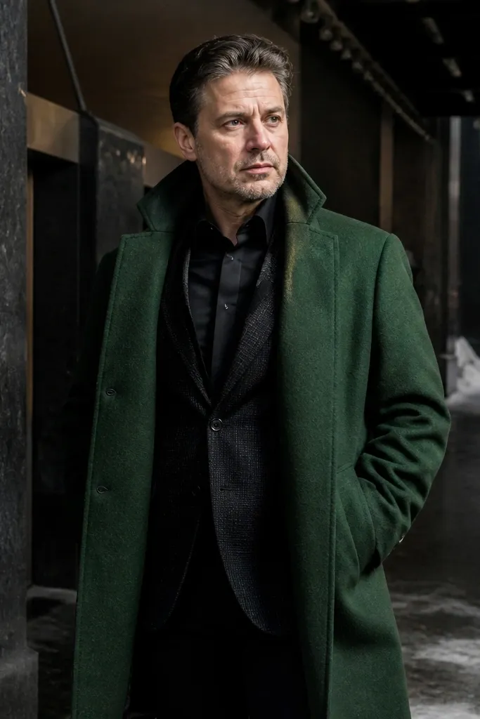 Forest green overcoat over a black shirt with a textured black blazer and black trousers