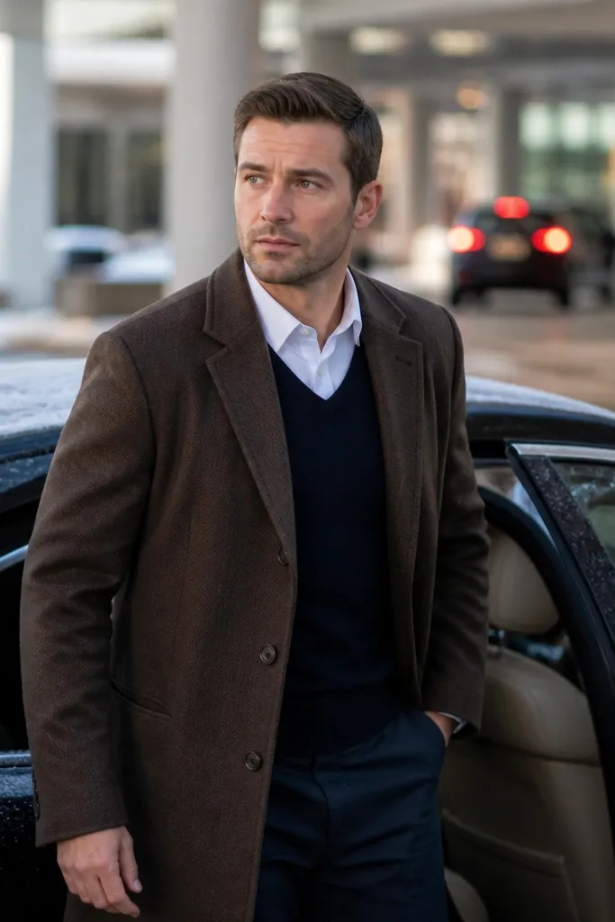 Brown wool overcoat over a navy sweater vest with a white button-down and dark trousers