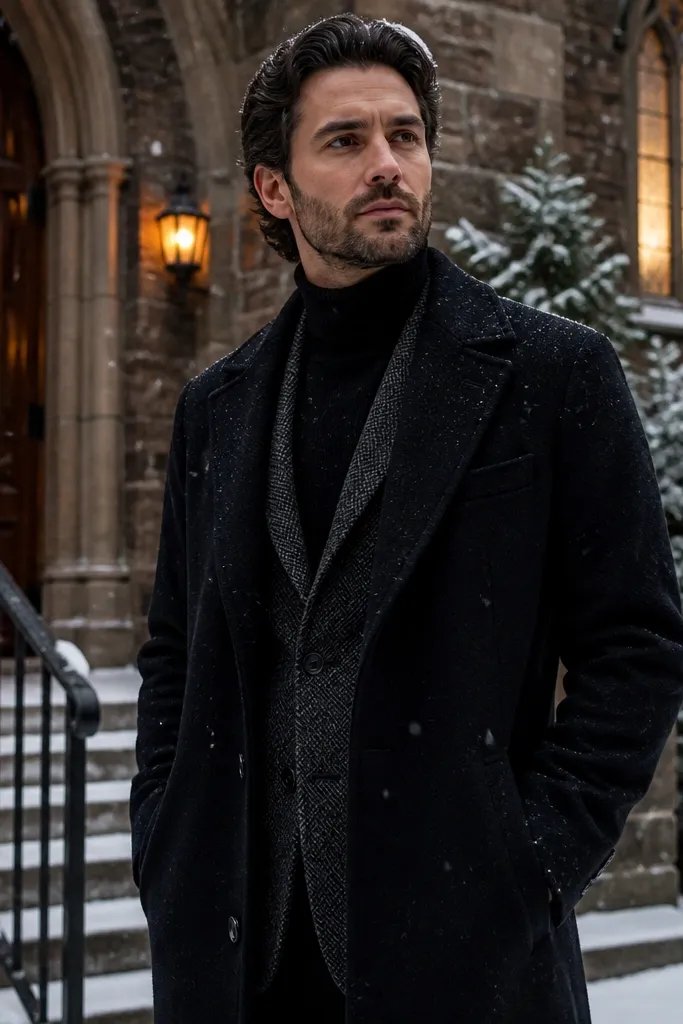 Tweed blazer over a dark turtleneck with a long black overcoat and dark trousers