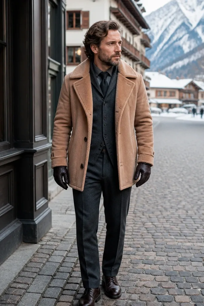 Camel shearling-look coat over a charcoal cardigan with charcoal trousers and dark boots