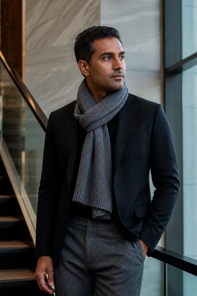 Black wool blazer with grey wool trousers and a matching grey scarf
