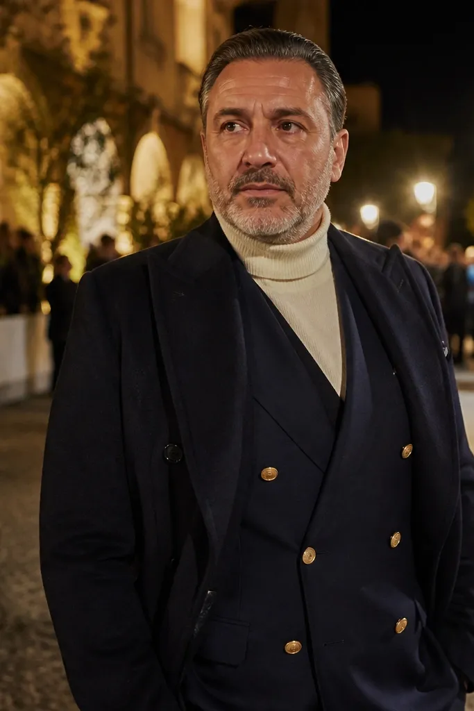 Off-white turtleneck under a navy double-breasted blazer with a dark overcoat and black shoes