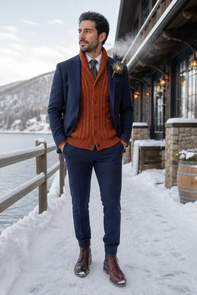 Rust cable cardigan under a navy suit jacket with brown boots and dark trousers