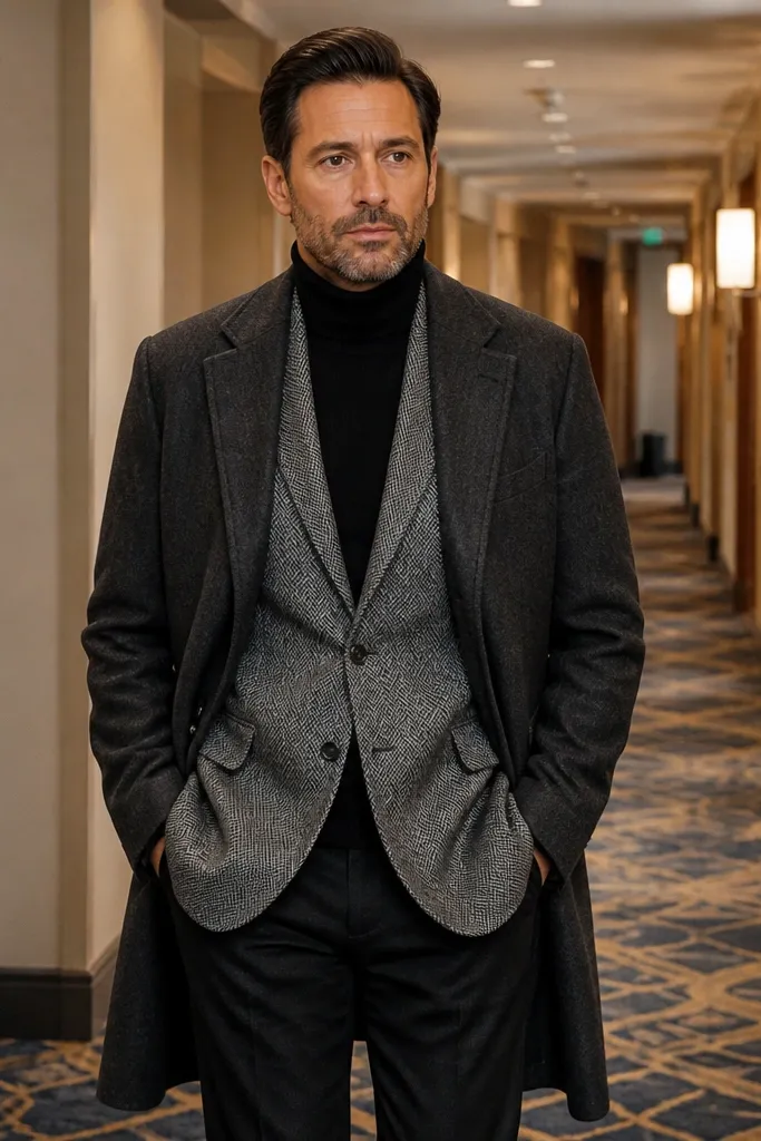 Grey herringbone blazer over a black turtleneck with a charcoal overcoat and dark trousers