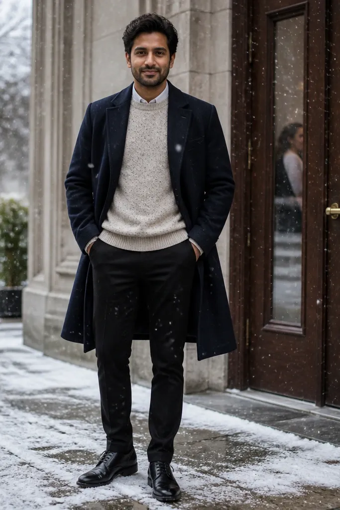 Black suit with an oatmeal sweater layer and a long navy coat