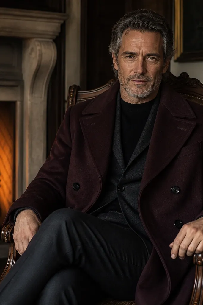 Deep burgundy overcoat over a charcoal suit with a black knit crew and dark shoes