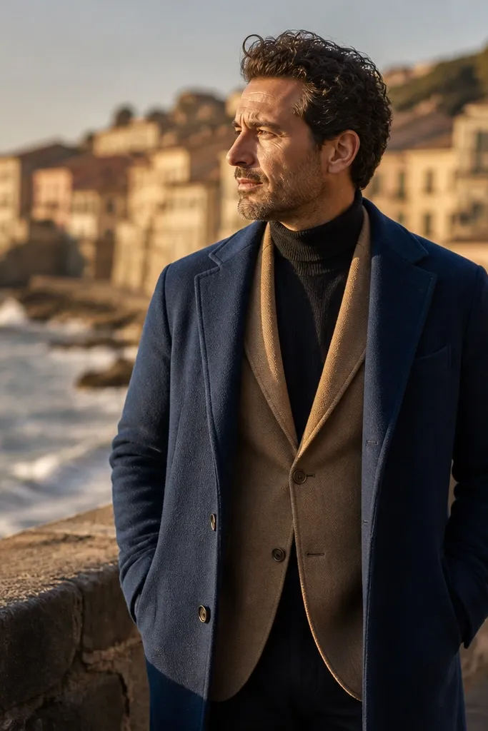 Blue overcoat over a tan wool blazer with a dark turtleneck and dark trousers