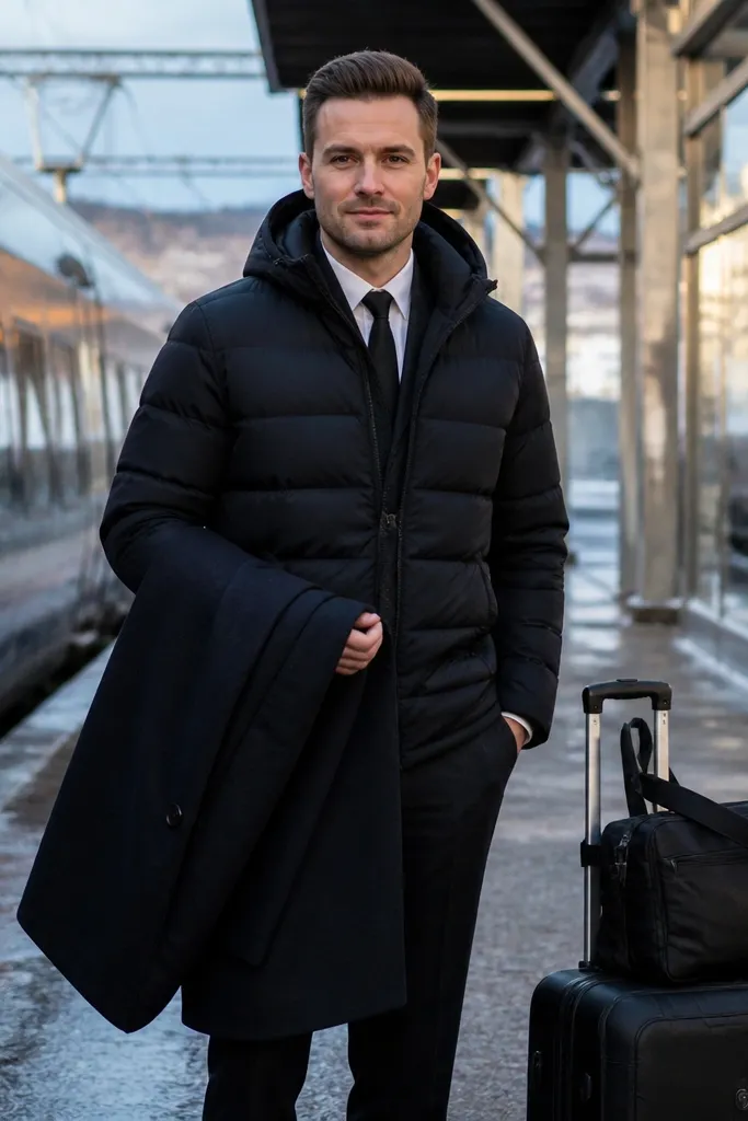 Black puffer worn over a suit with a tailored topcoat option and dark boots