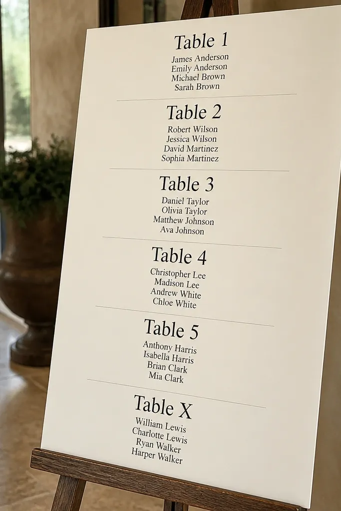 Ivory wedding seating chart board with table numbers in one vertical column