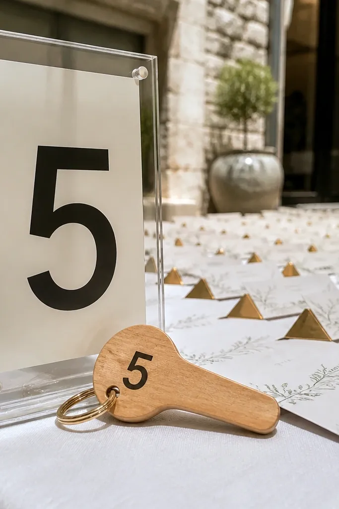 Acrylic seating chart sign with black text and a small wood table key