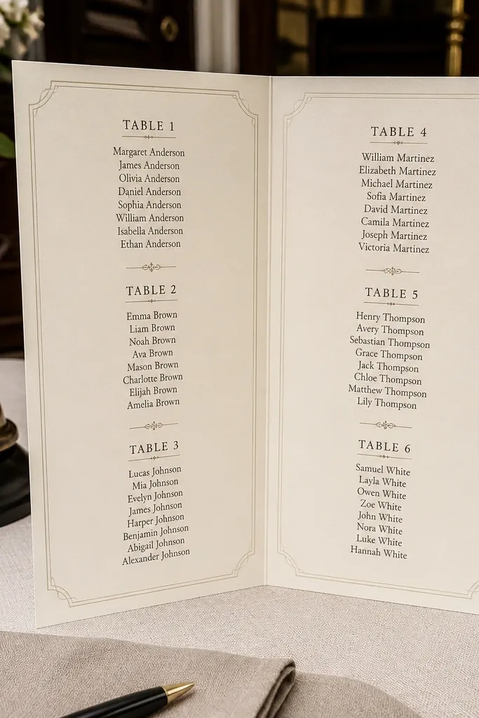 Seating chart arranged like a restaurant menu with table sections