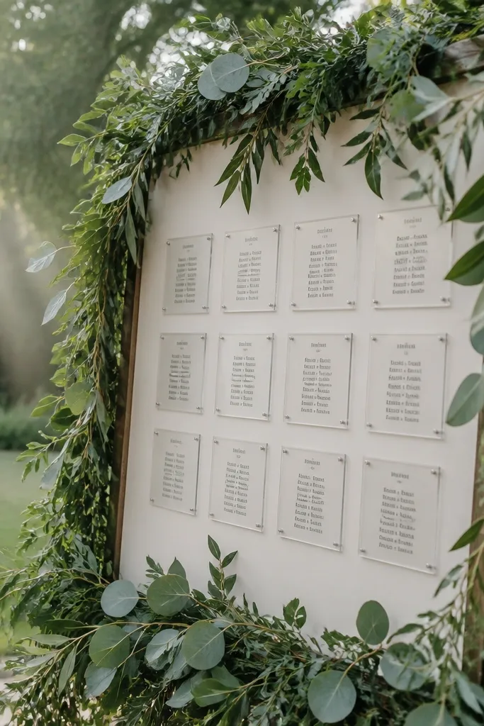 Seating chart framed with greenery and clear blocks listing tables and names