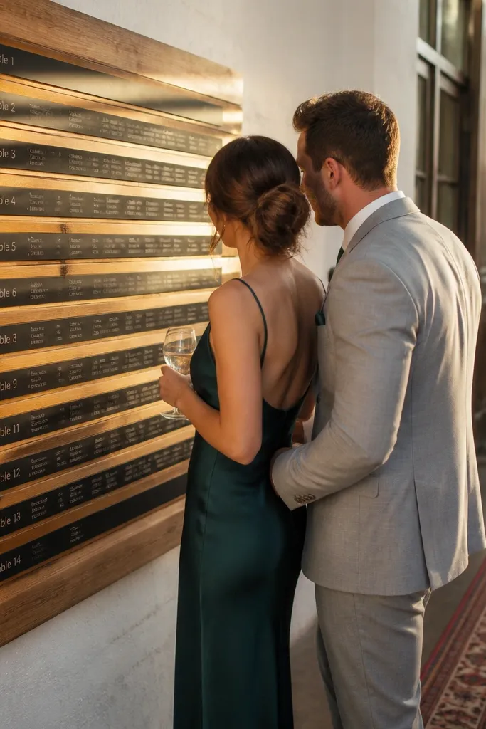 Wood slat seating chart with vinyl table numbers and names