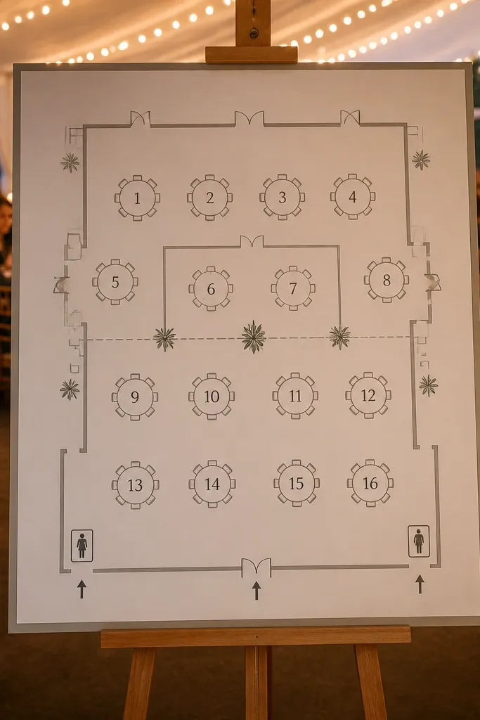 Seating map with sections labeled and table numbers placed by area