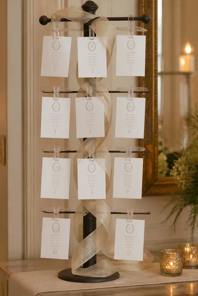 Escort cards on a ribboned rail with table number tags and names