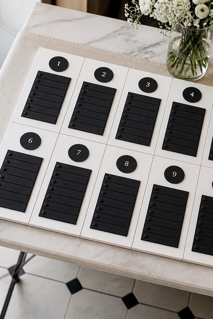 White tile seating chart with black vinyl table numbers and names