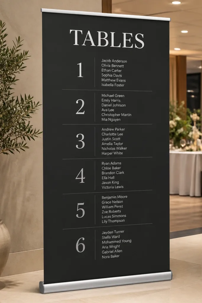 Roll-up stand seating chart with bold typography and numbered tables