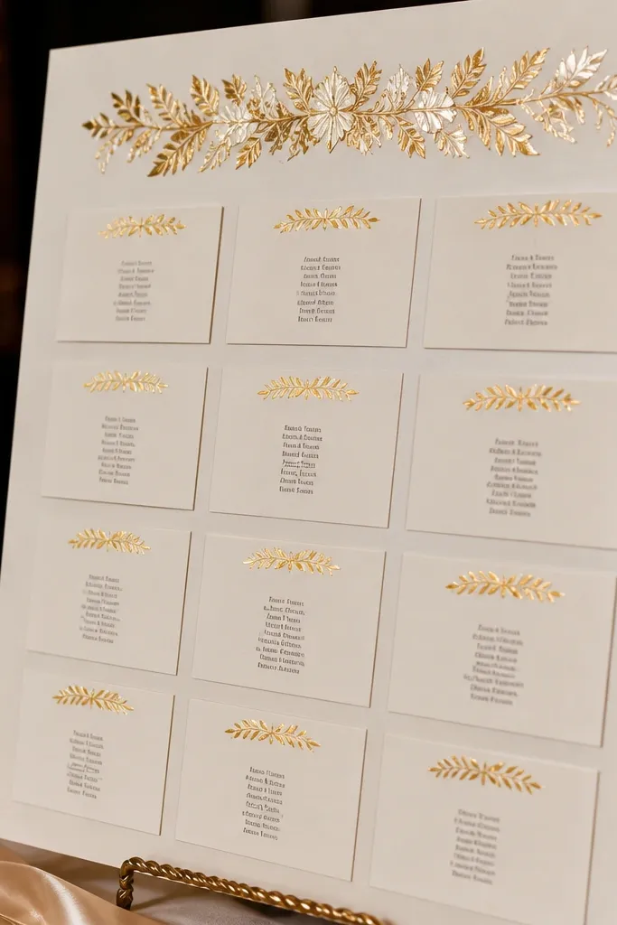 Seating chart board with gold foil table headers and matte name cards